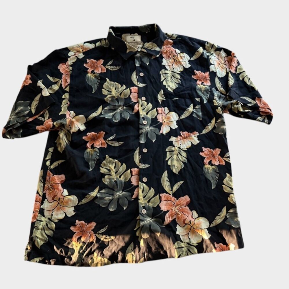 Jamaica Jaxx Hawaiian Shirt L 100% Silk Black Gold Tropical Floral Aloha